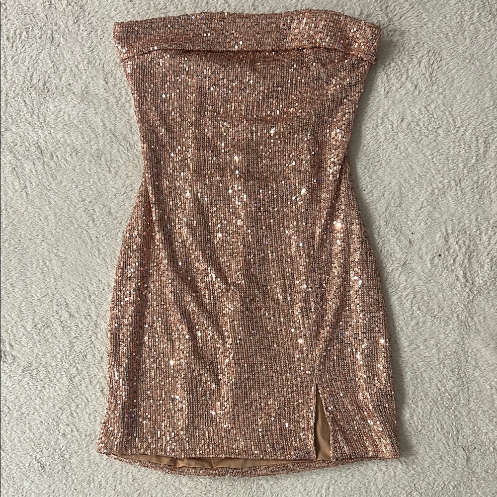 Zara Strapless Sequin Dress in Rose Gold